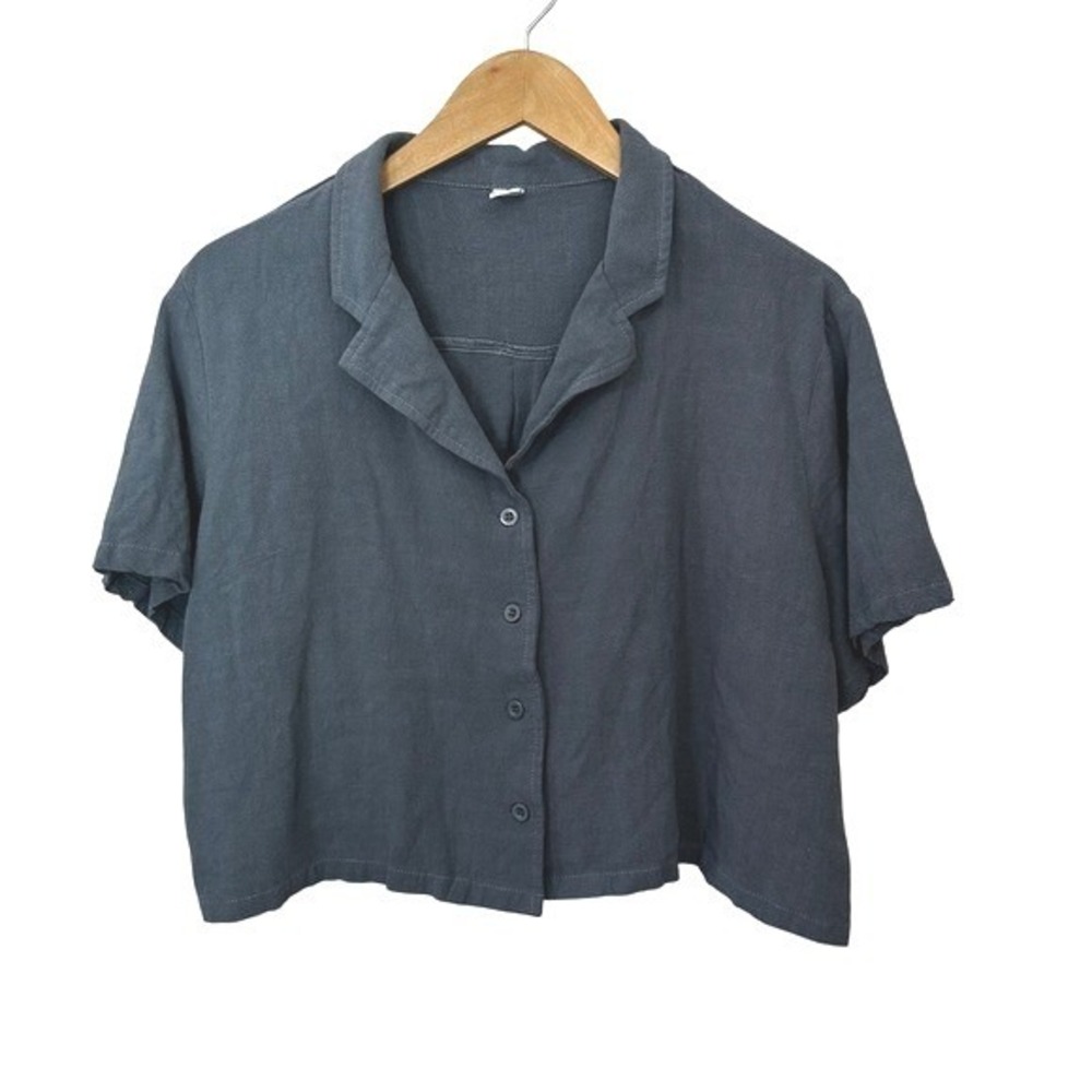 Anrabess Cropped Linen Rayon Blend Boxy Top Womens 2XL Blue Gray Button Up